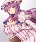  :o blush book breasts bursting_breasts curvy dress hat huge_breasts inaho long_hair long_sleeves looking_at_viewer parted_lips patchouli_knowledge purple_eyes purple_hair skindentation solo striped striped_dress touhou 