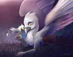  5_fingers avian beak blue_eyes chest_tuft detailed_background duo feathered_wings feathers feral flying fur grey_feathers grey_fur gryphon hindpaw lying orange_eyes outside paws size_difference smile tuft viwrastupr white_feathers white_fur wings 