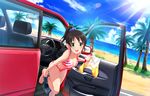  :d artist_request barefoot beach bikini black_hair breasts car car_interior cleavage clothes_writing day denim denim_shorts english green_eyes ground_vehicle hair_ornament hair_scrunchie harada_miyo idolmaster idolmaster_cinderella_girls idolmaster_cinderella_girls_starlight_stage medium_breasts motor_vehicle official_art open_mouth print_scrunchie raglan_sleeves scrunchie shirt_removed short_hair short_ponytail shorts shorts_around_one_leg smile solo star star_print striped striped_bikini swimsuit undressing 