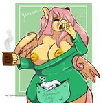 2016 ambiguous_gender angel_(mlp) anthro anthrofied arnachy big_breasts breasts clothed clothing cup duo english_text equine eyes_closed feathered_wings feathers female fluttershy_(mlp) friendship_is_magic hair holding_object inverted_nipples long_hair mammal my_little_pony nipples open_mouth pegasus pink_hair simple_background sleeping text white_background wings yawn yellow_feathers 