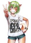  ;) animal_ears armpit_peek blue_shorts breasts clothes_writing contrapposto cowboy_shot cutoffs denim denim_shorts dog_ears dog_tail fangs fingernails furry green_eyes green_hair grin hand_on_hip head_tilt mascot nail_polish one_eye_closed shirt short_hair short_shorts shorts small_breasts smile solo standing t-shirt tail tareme tewatasanaiinu the_police tokyo_metropolitan_police_department transparent_background v watch white_shirt wokada wristwatch 