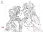  2016 5_fingers anthro areola breasts chest_tuft collar cuffs_(disambiguation) duo eye_contact eyelashes female fur grey_nose hair kacey leash mammal nipples nude open_mouth red_panda simple_background sketch teeth tuft white_background 