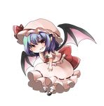  ascot bat_wings blush brooch chibi commentary_request fang frilled_shirt frilled_sleeves frills full_body hat hat_ribbon highres jewelry lavender_hair looking_at_viewer mob_cap parted_lips pink_shirt pink_skirt ponta_(wwtaimeww) red_eyes red_ribbon remilia_scarlet ribbon shirt short_hair skirt skirt_set smile solo touhou transparent_background wings 