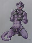  bdsm bdsm_gear chastity eyes_closed fur happy kneeling male male_chastity_device mammal mustelid nipples open_mouth otter penis petplay puppy_play_paws puppyplay purple_fur roleplay sinistervibe solo traditional_media_(artwork) 