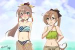  adapted_costume akigumo_(kantai_collection) alternate_costume bare_shoulders bikini blue_eyes blush breasts brown_hair commentary_request embarrassed green_eyes hair_between_eyes hair_ribbon hand_on_own_chin kantai_collection kazagumo_(kantai_collection) long_hair multiple_girls navel oonishi_koala open_mouth ponytail ribbon sarong small_breasts striped striped_bikini swimsuit twitter_username 