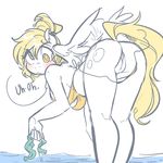  blonde_hair blush butt clothed clothing derpy_hooves_(mlp) equine female friendship_is_magic glacierclear hair looking_at_viewer looking_back mammal my_little_pony open_mouth pegasus pussy solo text wardrobe_malfunction water wings 