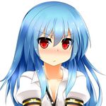  :/ blue_hair blush breasts cleavage collarbone hinanawi_tenshi long_hair looking_at_viewer no_hat no_headwear nose_blush popped_collar puffy_short_sleeves puffy_sleeves red_eyes short_sleeves small_breasts solo touhou unbuttoned upper_body us2s v-shaped_eyebrows very_long_hair 