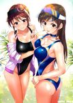  :p ashita_(2010) ass bad_id bad_twitter_id blush breasts brown_eyes brown_hair cleavage competition_swimsuit food idolmaster idolmaster_cinderella_girls large_breasts long_hair mifune_miyu multiple_girls nitta_minami one-piece_swimsuit popsicle swimsuit tongue tongue_out visor_cap 