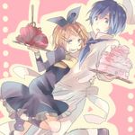  1girl akujiki_musume_conchita_(vocaloid) aqua_eyes arte_(evillious_nendaiki) black_dress black_ribbon blonde_hair blue_eyes blue_hair cake carlos_marlon chef chef_hat chef_uniform dress evil_smile evillious_nendaiki food fork frilled_dress frills hair_ornament hair_ribbon hairclip hands_on_another's_hips hat kagamine_rin kaito leaning_back leaning_forward leg_up maid mary_janes meat neck_ribbon neckerchief ousaka_nozomi polka_dot polka_dot_background ribbon servant shoes short_hair simple_background smile surprised tongue tongue_out vocaloid waitress 