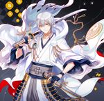  armor black_gloves gloves hood japanese_armor japanese_clothes katana male_focus michi_(iawei) partly_fingerless_gloves sheath smile solo sword touken_ranbu tsurumaru_kuninaga weapon white_hair yellow_eyes 