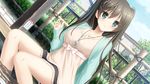  1girl :) bare_legs black_hair breasts clouds dutch_angle futaba_saki game_cg green_eyes highres hitsuji_takako large_breasts legs lip_kiss long_hair long_sleeves looking_at_viewer mikoto_akemi original outdoors sitting skirt sky smile solo thighs unasaka_ryou water 