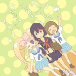  bag black_hair blonde_hair blue_eyes brown_hair drill_hair emuchi eyepatch harime_nui kill_la_kill mankanshoku_mako matoi_ryuuko multicolored_hair multiple_girls open_mouth school_bag school_uniform senketsu streaked_hair translation_request twin_drills what_if 