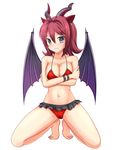  aaabbbccccc animal_ears bare_shoulders bikini blush breast_hold breasts character_request cleavage collarbone commentary_request crossed_arms dragon_ears dragon_girl dragon_horns dragon_wings frilled_bikini frills full_body grey_eyes groin highres horns jewelry kneeling looking_at_viewer medium_breasts navel red_bikini red_hair short_hair single_earring solo swimsuit wavy_mouth wings yurudorashiru 