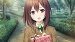  1girl blush breasts brown_hair futaba_yuiri game_cg gift happy highres hitsuji_takako holding lip_kiss looking_at_viewer mikoto_akemi open_mouth original outdoors purple_eyes short_hair small_breasts smile solo standing trees unasaka_ryou upper_body 