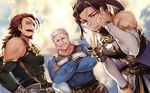  adjusting_hair bare_shoulders beard blue_eyes crossed_arms dutch_angle eugen_(granblue_fantasy) eyepatch facial_hair granblue_fantasy grin haneten_kagatsu jin_(granblue_fantasy) leaning_forward looking_at_viewer male_focus multiple_boys muscle mustache old_man ponytail smile soriz white_hair 