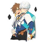  2boys blush bracelet brown_hair feathers fingerless_gloves gloves green_eyes hand_in_pants hand_under_clothes hand_under_shirt ho-dan. jewelry looking_at_another male_focus mikleo_(tales) multiple_boys purple_eyes shirt sorey_(tales) spoken_ellipsis sweatdrop tales_of_(series) tales_of_zestiria undressing white_gloves white_hair yaoi 