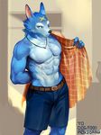  belt black_nose blue_fur canine clothed clothing dressing fur inside jewelry looking_at_viewer male mammal moodraw muscular necklace nipples pants shirt solo standing topless wolf 