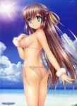  absurdres ass beach bikini breasts brown_hair copyright_name day from_side green_eyes hair_ribbon half_updo hand_on_own_chest highres hinoue_itaru holy_breaker huge_filesize large_breasts long_hair ocean outdoors ribbon side-tie_bikini sideboob solo swimsuit yellow_ribbon 