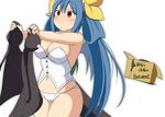  absurdres bare_shoulders blue_hair blush box breasts buttons cardboard_box dizzy guilty_gear hair_ribbon highres large_breasts mirano navel panties red_eyes ribbon simple_background solo tail underwear white_background white_panties wings 