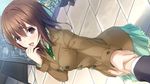  1girl blush breasts brown_hair coat dutch_angle futaba_yuiri game_cg hand_holding highres hitsuji_takako legs lip_kiss long_sleeves looking_at_viewer mikoto_akemi open_mouth original outdoors pov purple_eyes short_hair skirt small_breasts solo_focus standing thighs unasaka_ryou 