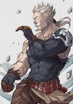  bad_id bad_pixiv_id beard blue_eyes clenched_hand cowboy_shot earrings facial_hair fighting_stance granblue_fantasy grey_background jewelry male_focus manly muscle mustache old_man ponytail rock scar simple_background solo soriz twitter_username wind wind_lift yji 