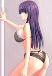  aaabbbccccc ass bangs black_bra black_panties blue_eyes blunt_bangs bra breasts butt_crack commentary_request cowboy_shot from_side large_breasts long_hair looking_at_viewer mole mole_under_eye panties profile purple_hair shuumatsu_no_harem solo suou_mira underwear 