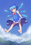  barefoot bloomers blue_dress blue_eyes blue_hair blue_sky blush bow cirno cloud day dress evil_grin evil_smile feet floating grin hair_bow highres ice ice_wings looking_down puffy_short_sleeves puffy_sleeves reiji-rj ribbon short_hair short_sleeves sky smile soles solo touhou underwear upskirt wings 