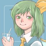  ascot blue_dress bow calpis cup daiyousei dress drinking_glass drinking_straw fairy_wings green_eyes green_hair hair_bow hair_ribbon holding holding_cup looking_at_viewer onikobe_rin ribbon side_ponytail smile solo touhou wings 