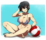  1girl ball barefoot bikini black_eyes black_hair indian_style kamezaemon kirisaki_minato large_breasts navel one_eye_closed open_mouth short_hair simple_background solo toned 