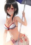  adapted_costume alternate_costume artist_name bare_shoulders beach_umbrella bikini black_hair blush breasts cleavage commentary_request highres kantai_collection large_breasts looking_at_viewer parted_lips red_eyes sakiryo_kanna sarong short_hair sideboob solo swimsuit umbrella yamashiro_(kantai_collection) 