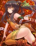  armband ass bell black_hair double_bun hair_bell hair_ornament highres nataku_(sennen_sensou_aigis) orange_legwear polearm red_background sennen_sensou_aigis sketch solo tsukigami_chronica twintails weapon yellow_eyes 