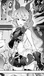  animal_ears breasts bunny_ears comic commentary_request earrings erune ferry_(granblue_fantasy) gloves granblue_fantasy greyscale jewelry long_hair medium_breasts monochrome sideboob skirt super_zombie wavy_hair 