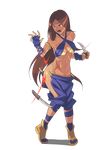  absurdres armlet baka_guruo breasts brown_eyes brown_hair criss-cross_halter cutting dark_skin dungeon_and_fighter fingerless_gloves full_body gloves halter_top halterneck highres large_breasts long_hair open_mouth scar solo standing tears torn_clothes transparent_background very_long_hair 