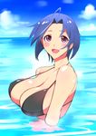  ahoge bare_shoulders blue_hair blush breasts cleavage highres idolmaster idolmaster_(classic) large_breasts looking_at_viewer miura_azusa purple_eyes solo webslinger 