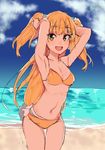  :d armpits arms_up beach bikini blonde_hair blush breasts cowboy_shot day fang green_eyes idolmaster idolmaster_cinderella_girls jougasaki_rika long_hair looking_at_viewer open_mouth pinch_(nesume) sketch small_breasts smile solo swimsuit two_side_up 