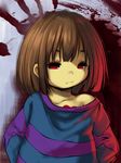  bad_id bad_pixiv_id brown_hair collarbone frisk_(undertale) heart looking_at_viewer off_shoulder rai-rai red_eyes shirt solo striped striped_shirt undertale upper_body 