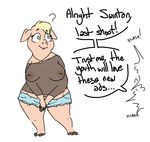  2016 ? big_breasts blonde_hair breasts clothing confusion dialogue digital_media_(artwork) disney english_text female hair happy mammal mayor_swinton nipples nobby pig porcine seductive shirt shorts slightly_chubby smile suggestive text unseen_character yelling zootopia 