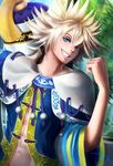  abs artist_name blue_eyes chinese_clothes hair_between_eyes male_focus meitenkun navel pillow solo spiked_hair teeth the_king_of_fighters the_king_of_fighters_xiv toxicface white_hair 