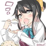  1girl bangs black_hair blue_bow blue_neckwear blush bow bowtie collared_shirt dress ebifurya eyebrows eyebrows_visible_through_hair fang food food_on_face fried_rice gradient_eyes hair_ornament hand_up highres holding holding_spoon kantai_collection long_sleeves multicolored multicolored_eyes multicolored_hair naganami_(kantai_collection) notice_lines open_mouth pink_hair rice shirt simple_background solo spoon twitter_username two-tone_hair upper_body white_background white_shirt 