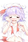  bad_id bad_pixiv_id blush clenched_hands commentary_request crying crying_with_eyes_open fangs hand_on_own_face hat highres lavender_hair lely looking_at_viewer midriff mob_cap navel open_mouth red_eyes remilia_scarlet shirt short_hair simple_background slit_pupils solo tears torn_clothes torn_hat torn_ribbon torn_shirt torn_sleeves touhou upper_body white_background 