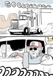  2koma america beard comic commentary driving facial_hair gen_1_pokemon ground_vehicle kasumi_(pokemon) male_focus mo_(kireinamo) motor_vehicle pikachu pokemon pokemon_(creature) pokemon_(game) pokemon_go silent_comic solo sunglasses tattoo thought_bubble truck trucker 