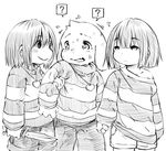  2others androgynous asriel_dreemurr bad_id bad_pixiv_id blush blush_stickers bowl_cut chara_(undertale) frisk_(undertale) greyscale half-closed_eyes heart heart_necklace holding holding_hands holding_weapon jewelry knife locket monochrome monster_boy multiple_others necklace off_shoulder pendant rai-rai shirt spoilers striped striped_shirt sweat undertale weapon 