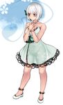  alternate_costume aoshima bangs bare_arms bare_shoulders blue_eyes blush bob_cut butterfly_hair_ornament collarbone commentary_request dress frown full_body green_dress hair_ornament halterneck hands_on_own_chest hands_together highres konpaku_youmu konpaku_youmu_(ghost) lace lace-trimmed_dress legs_apart lipstick looking_away looking_to_the_side makeup no_socks own_hands_together see-through shoes short_hair silver_hair sleeveless sleeveless_dress solo standing touhou white_footwear 