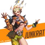  arm_tattoo artist_name bag bare_shoulders belt belt_pouch black_gloves blonde_hair bracer breasts buckle canteen character_name collarbone cowboy_shot explosive fiery_hair fingerless_gloves fire genderswap genderswap_(mtf) gloves green_shorts grenade hands_up harness highres junkrat_(overwatch) looking_at_viewer mechanical_arm mechanical_hand medium_breasts messy_hair open_mouth orange_eyes overwatch pouch short_hair shorts single_glove skull_and_crossbones smoke solo spikes standing stomach strap tattoo teeth tire tongue tongue_out twitter_username underboob 