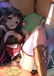  bare_shoulders black_hair blush breasts bridal_gauntlets cleavage hair_ribbon hand_on_own_chest heart highres japanese_clothes kimono large_breasts long_hair lying machine-doll_wa_kizutsukanai obi off_shoulder on_back open_mouth panties red_eyes red_ribbon ribbon sash short_kimono smile solo striped striped_panties teeth_(artist) thighhighs underwear white_legwear yaya_(machine-doll) 