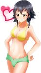  1girl bare_shoulders bikini black_hair blush breasts brown_eyes cleavage girls_und_panzer grin groin looking_at_viewer navel pepperoni_(girls_und_panzer) smile solo standing swimsuit 