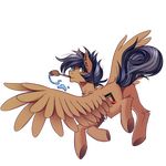  blue_hair brown_feathers cutie_mark equine fan_character feathered_wings feathers feral green_eyes hair hooves horse looking-back mammal margony my_little_pony paint paintbrush pegasus pony simple_background solo wings 