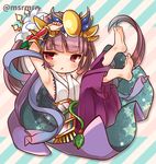  :o armpits arms_up barefoot blush cape hakama japanese_clothes kimono long_hair lowres marshmallow_mille purple_hair puzzle_&amp;_dragons red_eyes very_long_hair yomi_(p&amp;d) 