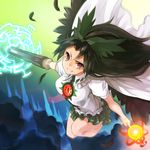  absurdres arm_cannon black_feathers black_hair black_wings bow breasts cape commentary_request feathers flying green_skirt grin hair_bow highres legs_up light_trail long_hair looking_at_viewer medium_breasts nuqura powering_up red_eyes reiuji_utsuho shirt short_sleeves skirt smile solo thighs third_eye touhou tsurime weapon white_shirt wings 