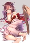  absurdres animal_ears baffu bare_shoulders barefoot blurry blush breasts cat_ears collarbone depth_of_field feet hakama half-closed_eyes hands highres japanese_clothes kamikaze_(kantai_collection) kantai_collection kemonomimi_mode long_hair looking_at_viewer lying medium_breasts pink_hakama purple_eyes purple_hair simple_background solo_focus 